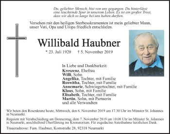 Traueranzeige von Willibald Haubner von Neumarkter Nachrichten Lokal