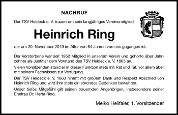 Traueranzeige von Heinrich Ring von Roth-Hilpoltsteiner Volkszeitung Lokal 