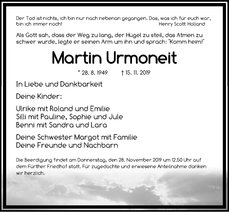 Traueranzeige für Martin Urmoneit vom 27.11.2019 aus  FÜRTHER NACHRICHTEN LOKAL
