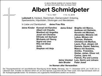 Traueranzeige von Albert Schmidpeter von Roth-Hilpoltsteiner Volkszeitung Lokal
