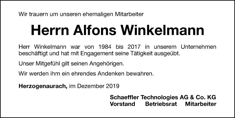  Traueranzeige für Alfons Winkelmann vom 20.12.2019 aus Nordbayerische Nachrichten Herzogenaurach Lokal