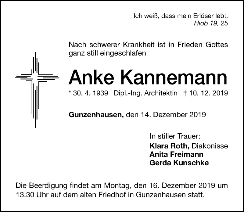  Traueranzeige für Anke Kannemann vom 14.12.2019 aus Altmühl-Bote Lokal