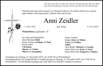 Traueranzeige von Anni Zeidler von Nordbayerische Nachrichten Forchheim Lokal