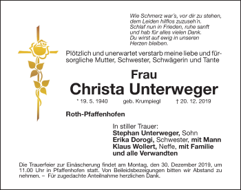 Traueranzeige von Christa Unterweger von Roth-Hilpoltsteiner Volkszeitung Lokal