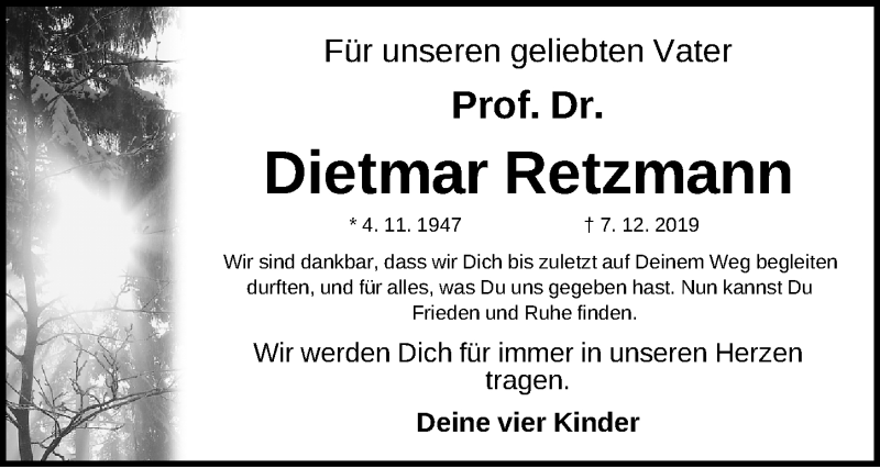  Traueranzeige für Dietmar Retzmann vom 17.12.2019 aus Gesamtausgabe Nürnberger Nachrichten/ Nürnberger Ztg.