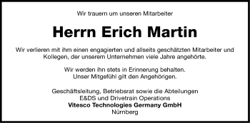 Traueranzeige von Erich Martin von Gesamtausgabe Nürnberger Nachrichten/ Nürnberger Ztg.