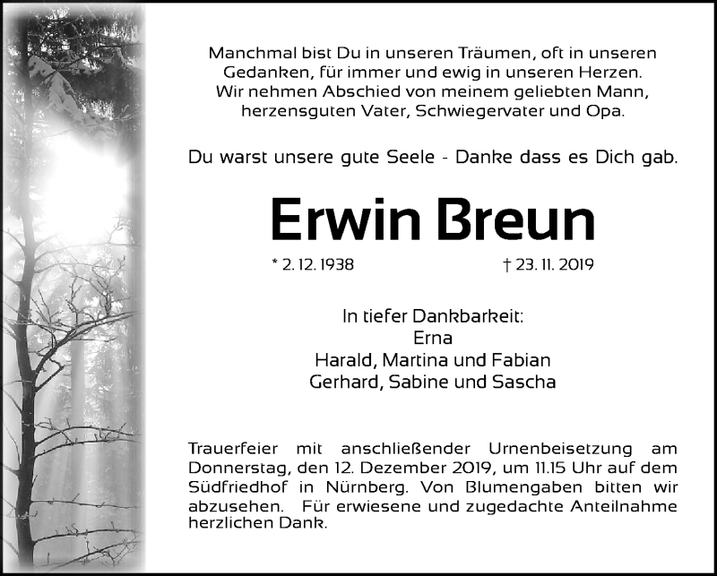  Traueranzeige für Erwin Breun vom 07.12.2019 aus Gesamtausgabe Nürnberger Nachrichten/ Nürnberger Ztg.