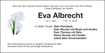 Traueranzeige von Eva Albrecht von Gesamtausgabe Nürnberger Nachrichten/ Nürnberger Ztg.