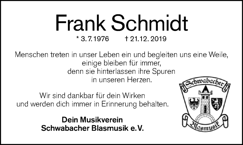  Traueranzeige für Frank Schmidt vom 28.12.2019 aus Schwabach