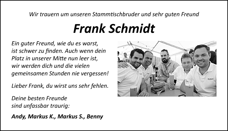  Traueranzeige für Frank Schmidt vom 27.12.2019 aus Schwabach