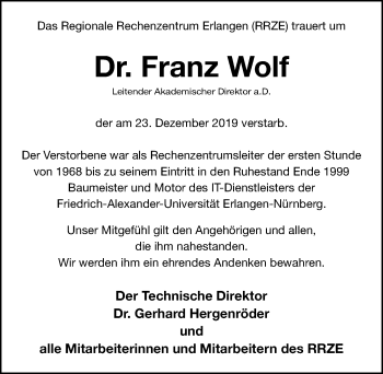 Traueranzeige von Franz Wolf von Erlanger Nachrichten Lokal