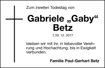 Traueranzeige von Gabriele Betz von Gesamtausgabe Nürnberger Nachrichten/ Nürnberger Ztg.