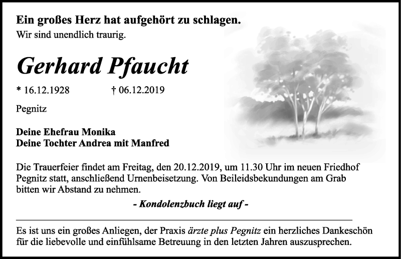  Traueranzeige für Gerhard Pfaucht vom 10.12.2019 aus Nordbayerische Nachrichten Pegnitz Lokal