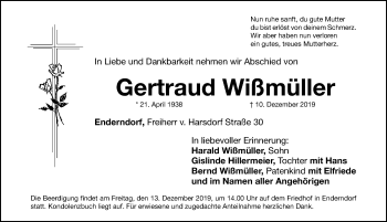 Traueranzeige von Gertraud Wißmüller von Roth-Hilpoltsteiner Volkszeitung Lokal