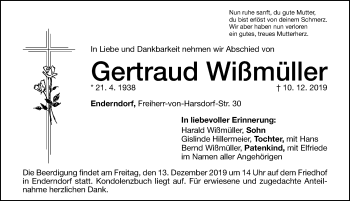 Traueranzeige von Gertraud Wißmüller von Altmühl-Bote Lokal
