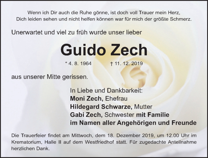  Traueranzeige für Guido Zech vom 14.12.2019 aus Gesamtausgabe Nürnberger Nachrichten/ Nürnberger Ztg.