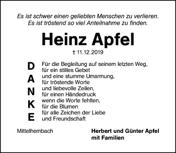 Traueranzeige von Heinz Apfel von Schwabach