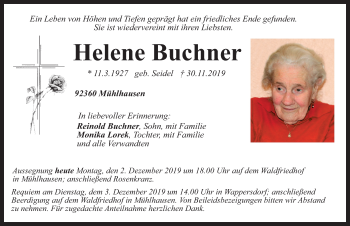 Traueranzeige von Helene Buchner von Neumarkter Nachrichten Lokal