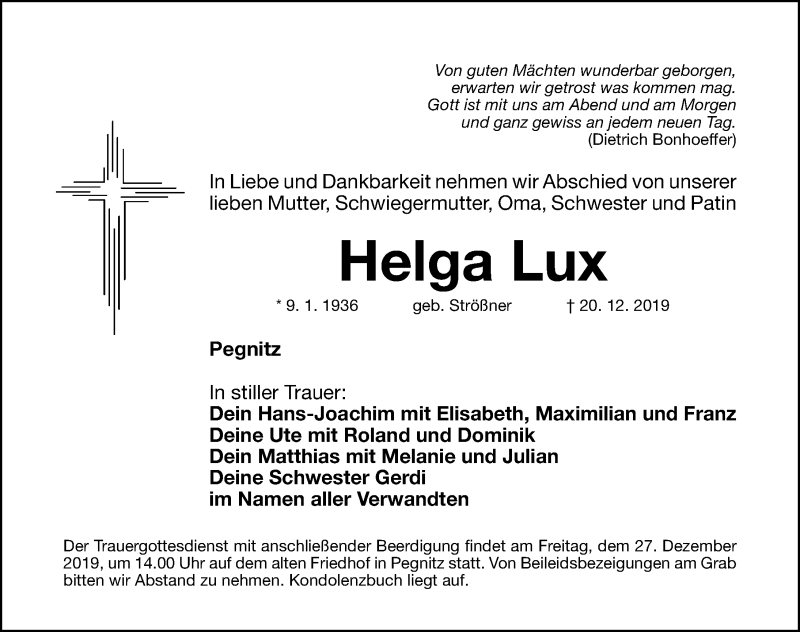  Traueranzeige für Helga Lux vom 23.12.2019 aus Nordbayerische Nachrichten Pegnitz Lokal