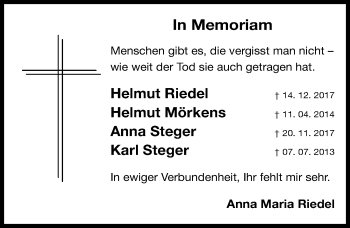 Traueranzeige von Helmut Riedel von Gesamtausgabe Nürnberger Nachrichten/ Nürnberger Ztg.