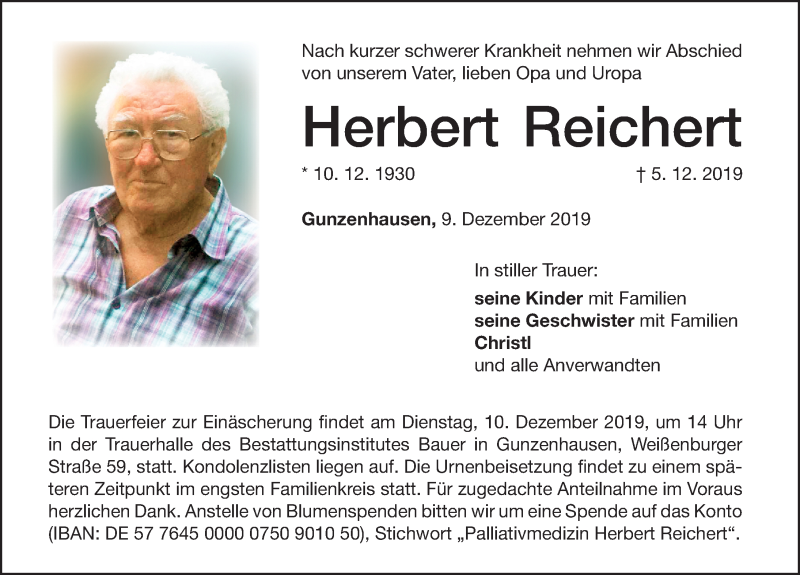  Traueranzeige für Herbert Reichert vom 09.12.2019 aus Altmühl-Bote Lokal