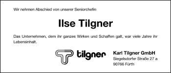 Traueranzeige von Ilse Tilgner von Fürther Nachrichten Lokal