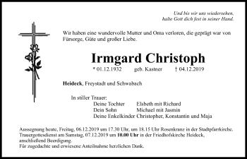 Traueranzeige von Irmgard Christoph von Roth-Hilpoltsteiner Volkszeitung Lokal