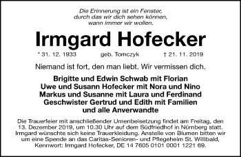 Traueranzeige von Irmgard Hofecker von Gesamtausgabe Nürnberger Nachrichten/ Nürnberger Ztg.