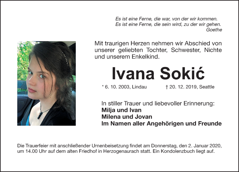  Traueranzeige für Ivana Sokic vom 31.12.2019 aus Nordbayerische Nachrichten Herzogenaurach Lokal
