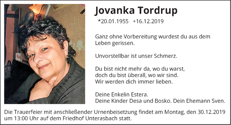  Traueranzeige für Jovanka Tordrup vom 28.12.2019 aus Fürther Nachrichten Lokal