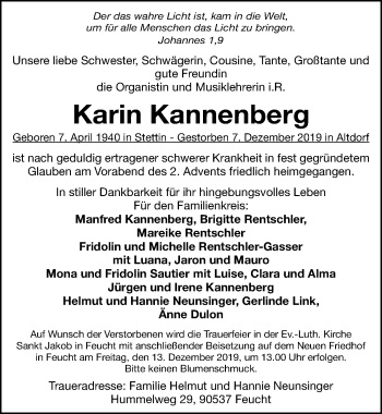 Traueranzeige von Karin Kannenberg von Gesamtausgabe Nürnberger Nachrichten/ Nürnberger Ztg.