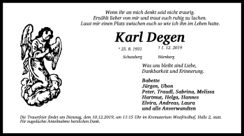 Traueranzeige von Karl Degen von Gesamtausgabe Nürnberger Nachrichten/ Nürnberger Ztg.