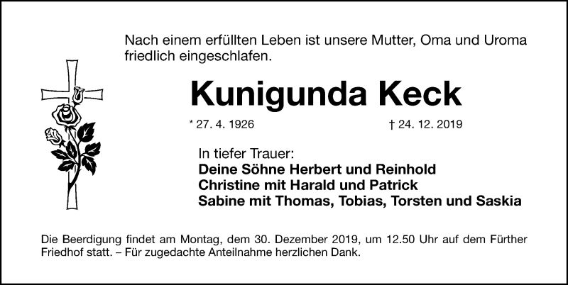  Traueranzeige für Kunigunda Keck vom 28.12.2019 aus Fürther Nachrichten Lokal