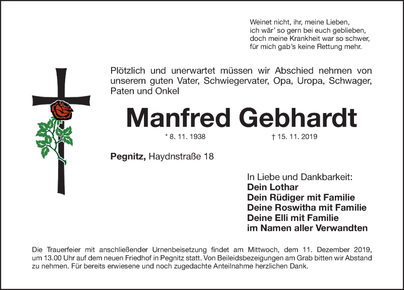  Traueranzeige für Manfred Gebhardt vom 07.12.2019 aus Nordbayerische Nachrichten Pegnitz Lokal