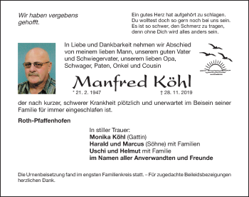 Traueranzeige von Manfred Köhl von Roth-Hilpoltsteiner Volkszeitung Lokal