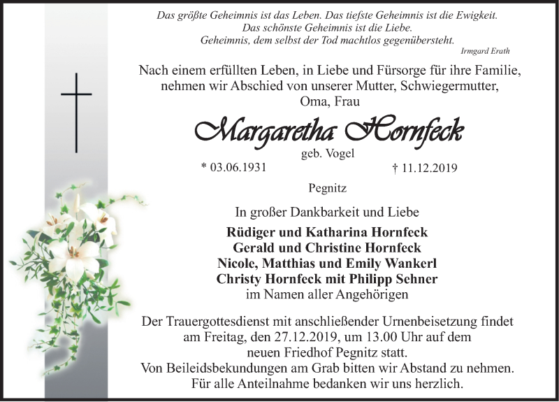  Traueranzeige für Margaretha Hornfleck vom 21.12.2019 aus Nordbayerische Nachrichten Pegnitz Lokal