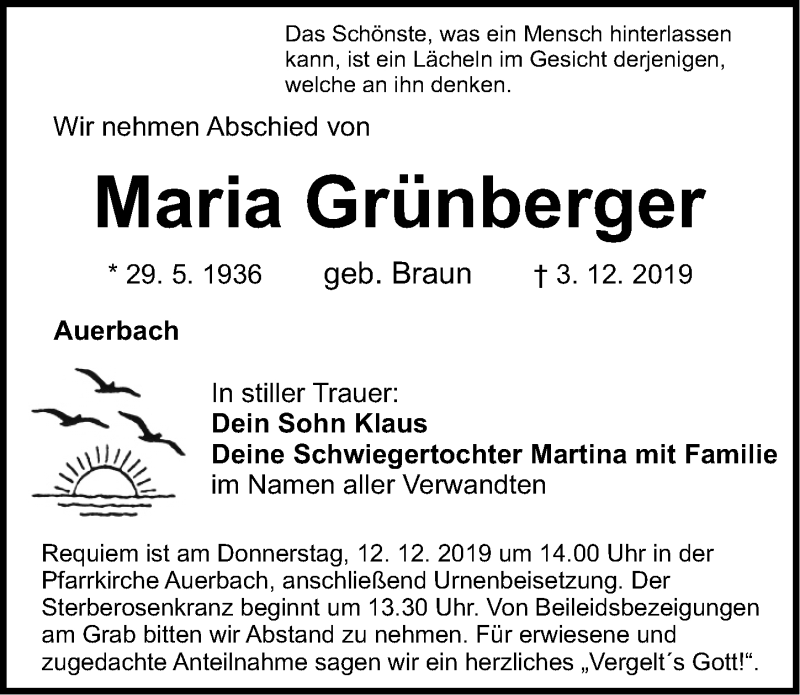  Traueranzeige für Maria Grünberger vom 07.12.2019 aus Nordbayerische Nachrichten Pegnitz Lokal
