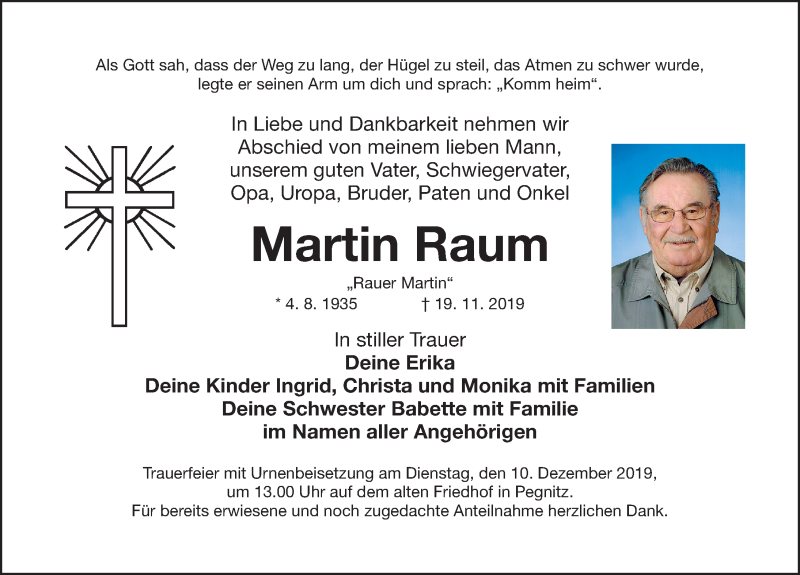  Traueranzeige für Martin Raum vom 07.12.2019 aus Nordbayerische Nachrichten Pegnitz Lokal