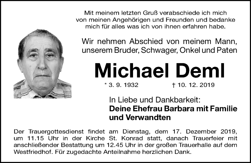  Traueranzeige für Michael Deml vom 14.12.2019 aus Gesamtausgabe Nürnberger Nachrichten/ Nürnberger Ztg.