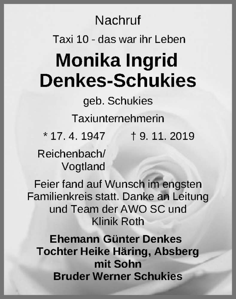  Traueranzeige für Monika Ingrid Denkes-Schukies vom 30.11.2019 aus Schwabach