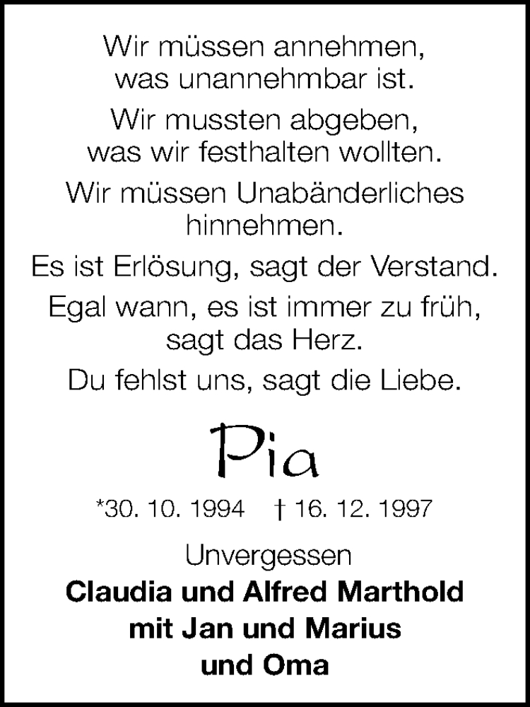  Traueranzeige für Pia  vom 14.12.2019 aus Gesamtausgabe Nürnberger Nachrichten/ Nürnberger Ztg.