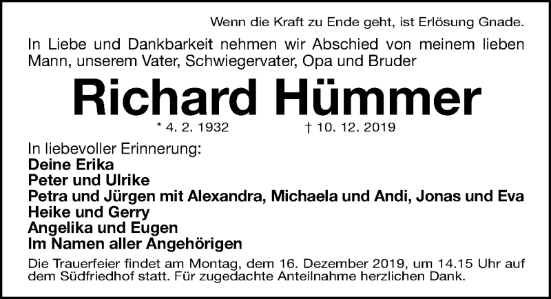  Traueranzeige für Richard Hümmer vom 14.12.2019 aus Gesamtausgabe Nürnberger Nachrichten/ Nürnberger Ztg.