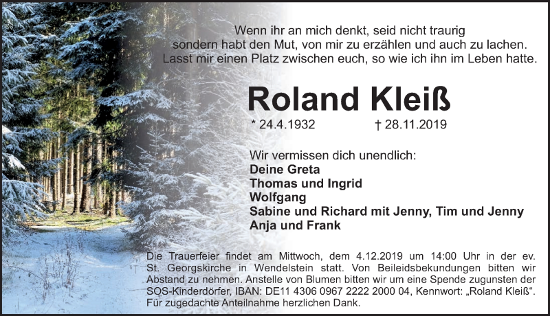  Traueranzeige für Roland Kleiß vom 02.12.2019 aus Gesamtausgabe Nürnberger Nachrichten/ Nürnberger Ztg.