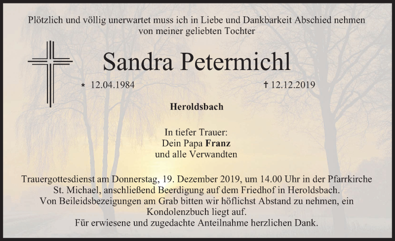  Traueranzeige für Sandra Petermichl vom 17.12.2019 aus Nordbayerische Nachrichten Forchheim Lokal
