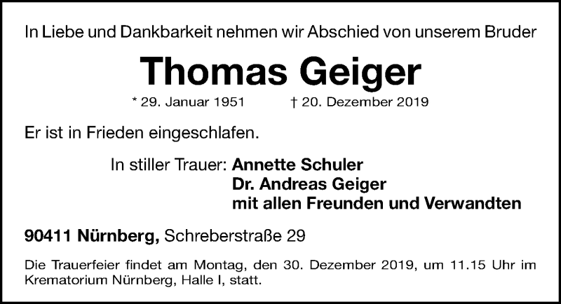  Traueranzeige für Thomas Geiger vom 24.12.2019 aus Gesamtausgabe Nürnberger Nachrichten/ Nürnberger Ztg.
