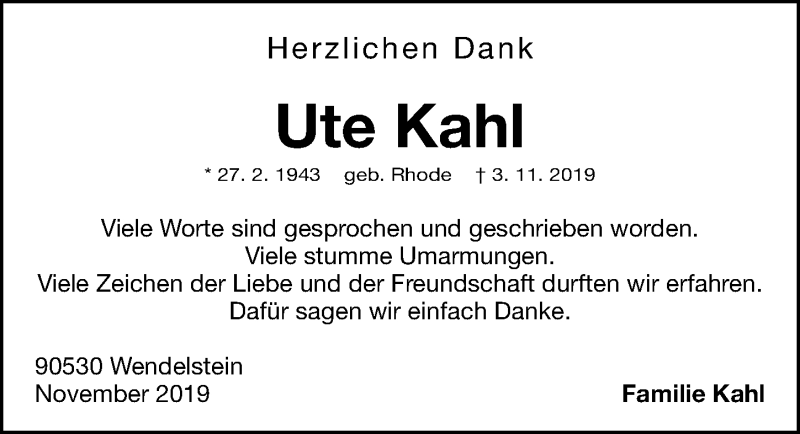  Traueranzeige für Ute Kahl vom 07.12.2019 aus Gesamtausgabe Nürnberger Nachrichten/ Nürnberger Ztg.