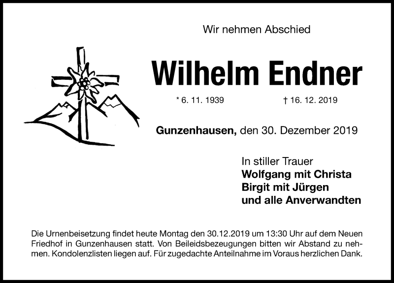  Traueranzeige für Wilhelm Endner vom 30.12.2019 aus Altmühl-Bote Lokal