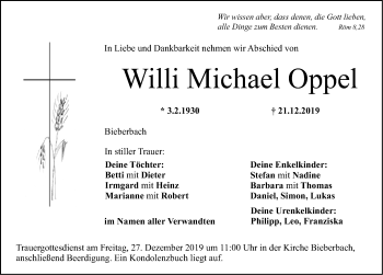 Traueranzeige von Willi Michael Oppel von Nordbayerische Nachrichten Forchheim Lokal