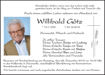 Traueranzeige von Willibald Götz von Neumarkter Nachrichten Lokal