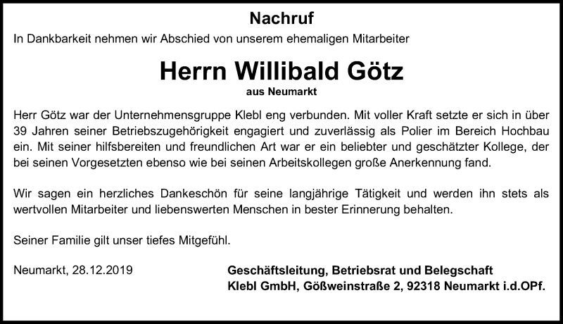  Traueranzeige für Willibald Götz vom 28.12.2019 aus Neumarkter Nachrichten Lokal